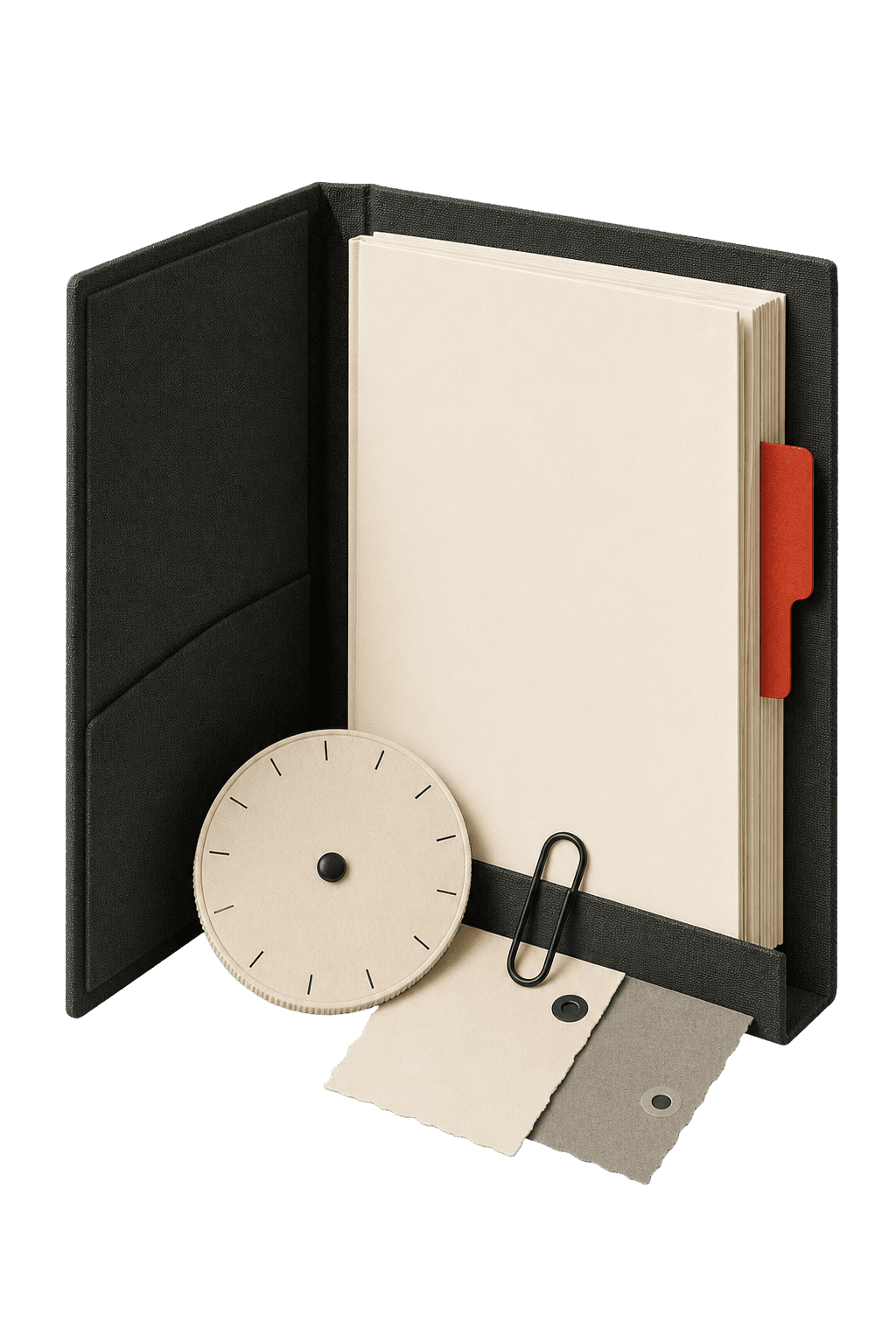 An open issue folio with a booklet, calendar wheel, and source slips