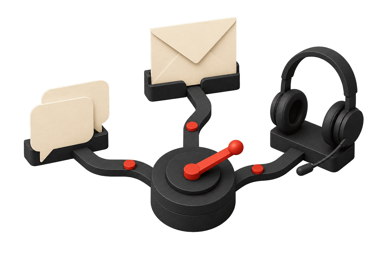 A routing hub connecting email, chat, and headset channels