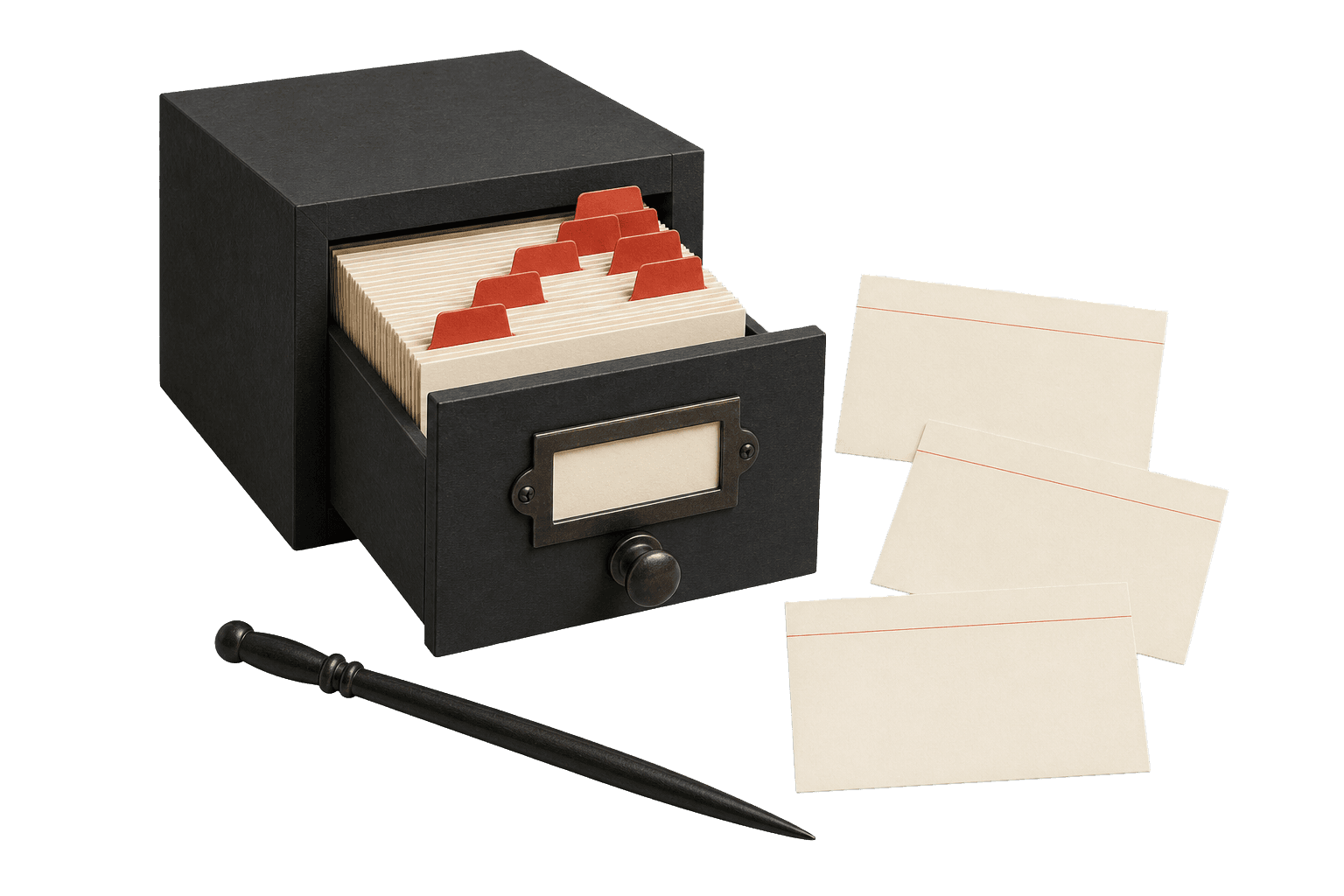 An open card-catalog drawer with index cards and a wooden pointer
