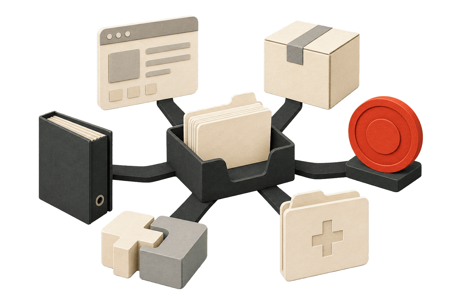 A case-file hub connected to several different business objects