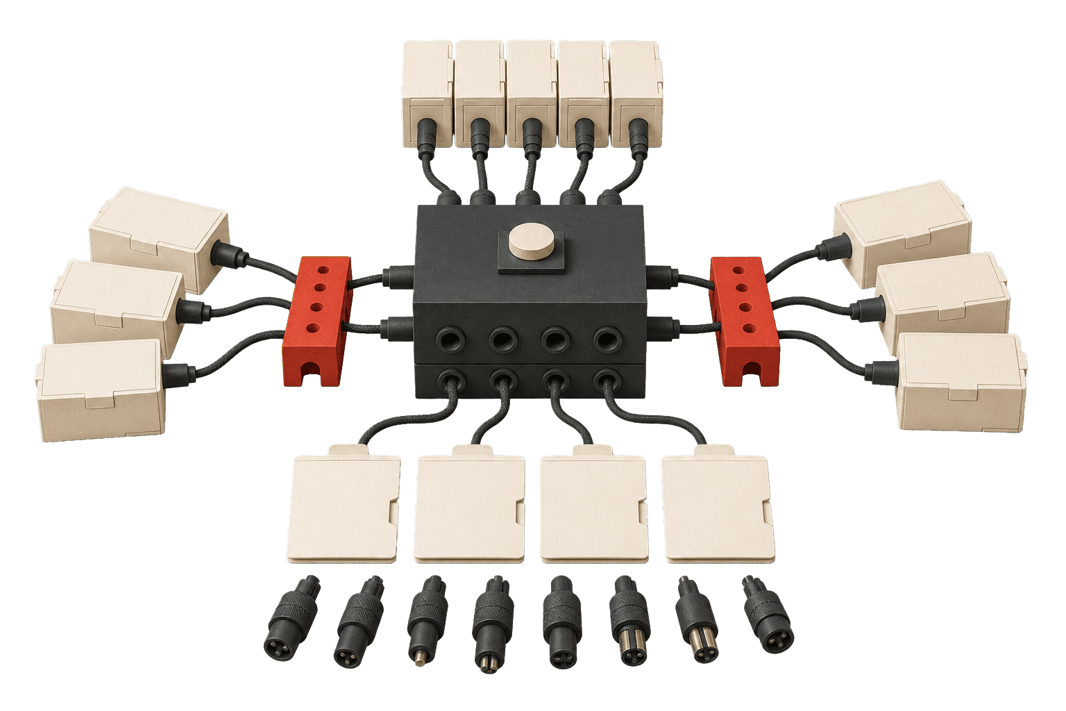 A modular systems hub connecting platforms, bridges, and workflow cards