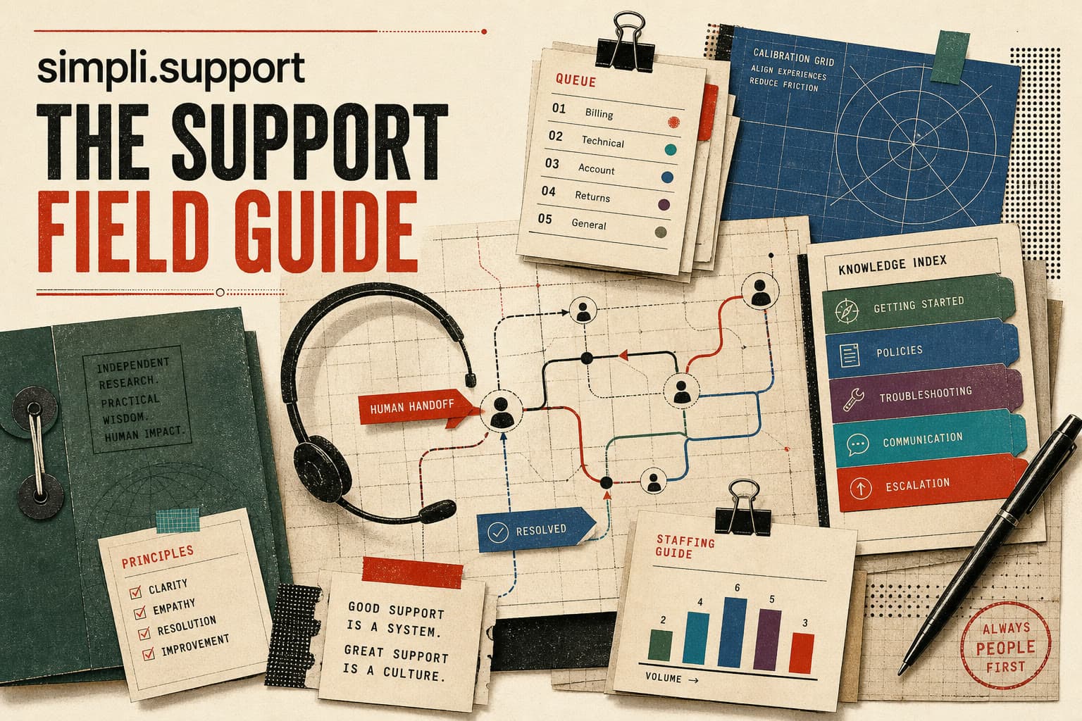 A printed support field guide, queue cards, headset, and human handoff map arranged as an editorial research desk