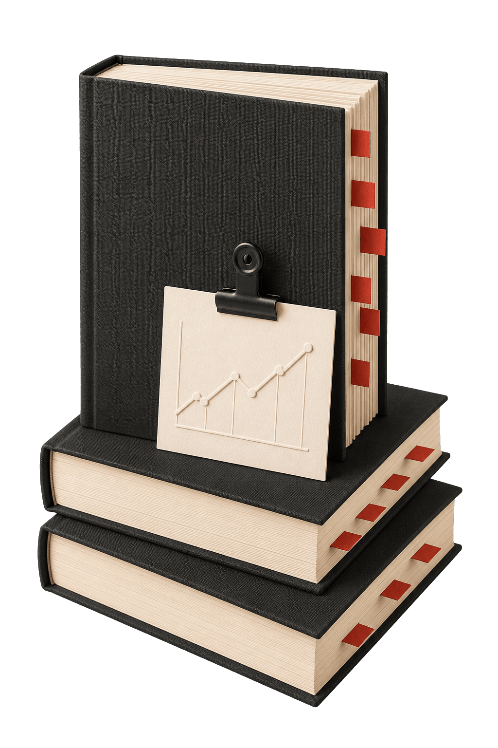 A stack of clothbound research reports with source tabs