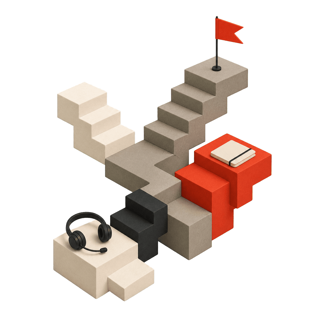 A branching staircase with a headset, notebook, and destination flag
