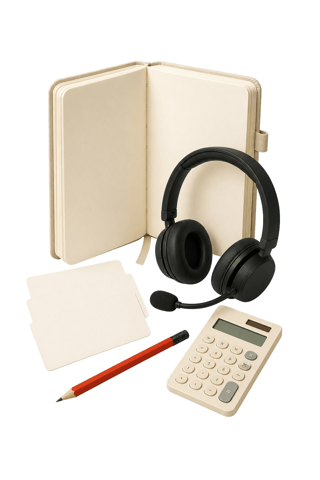 A field notebook, support headset, index cards, pencil, and calculator