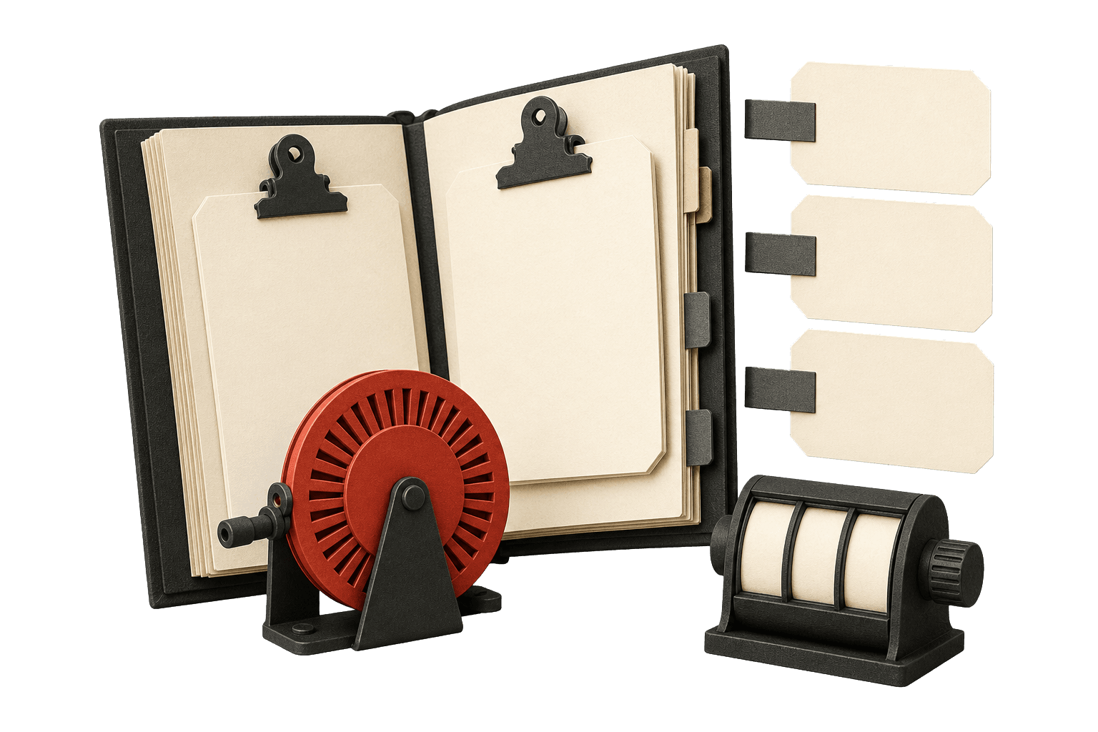 An open citation ledger with source cards, counting wheel, and counter